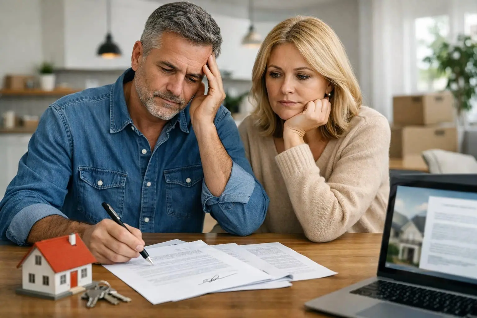 Koopcontract getekend en spijt: wanneer kunt u nog onder een woningkoop uit? Handige uitleg en heldere stappen 1 Een bezorgde man en vrouw zitten aan een tafel met papieren en een contract in een huiselijke omgeving.