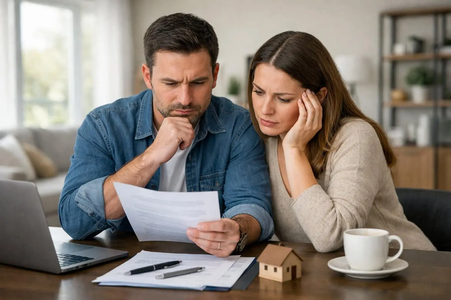 Koopcontract getekend en spijt: wanneer kunt u nog onder een woningkoop uit? Handige uitleg en heldere stappen 2 Een stel zit aan een tafel in hun huis en bespreekt documenten met serieuze gezichten.