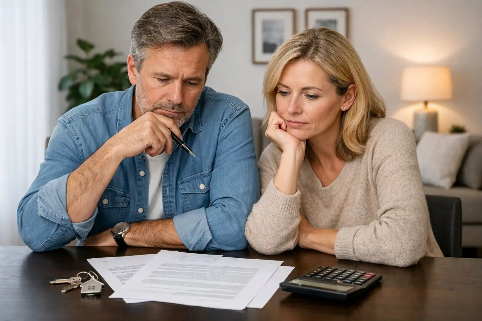 Koopcontract getekend en spijt: wanneer kunt u nog onder een woningkoop uit? Handige uitleg en heldere stappen 3 Een stel zit aan een tafel en bekijkt nadenkend een contract met sleutels van een huis op tafel.
