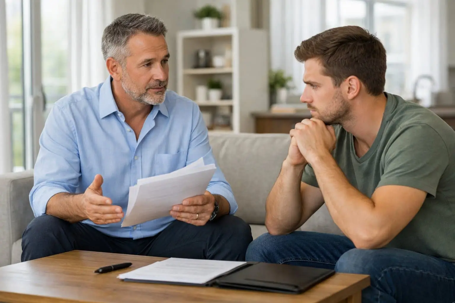 Een verhuurder bespreekt met een huurder in een lichte woonkamer de stappen bij het ontruimen van een huis.
