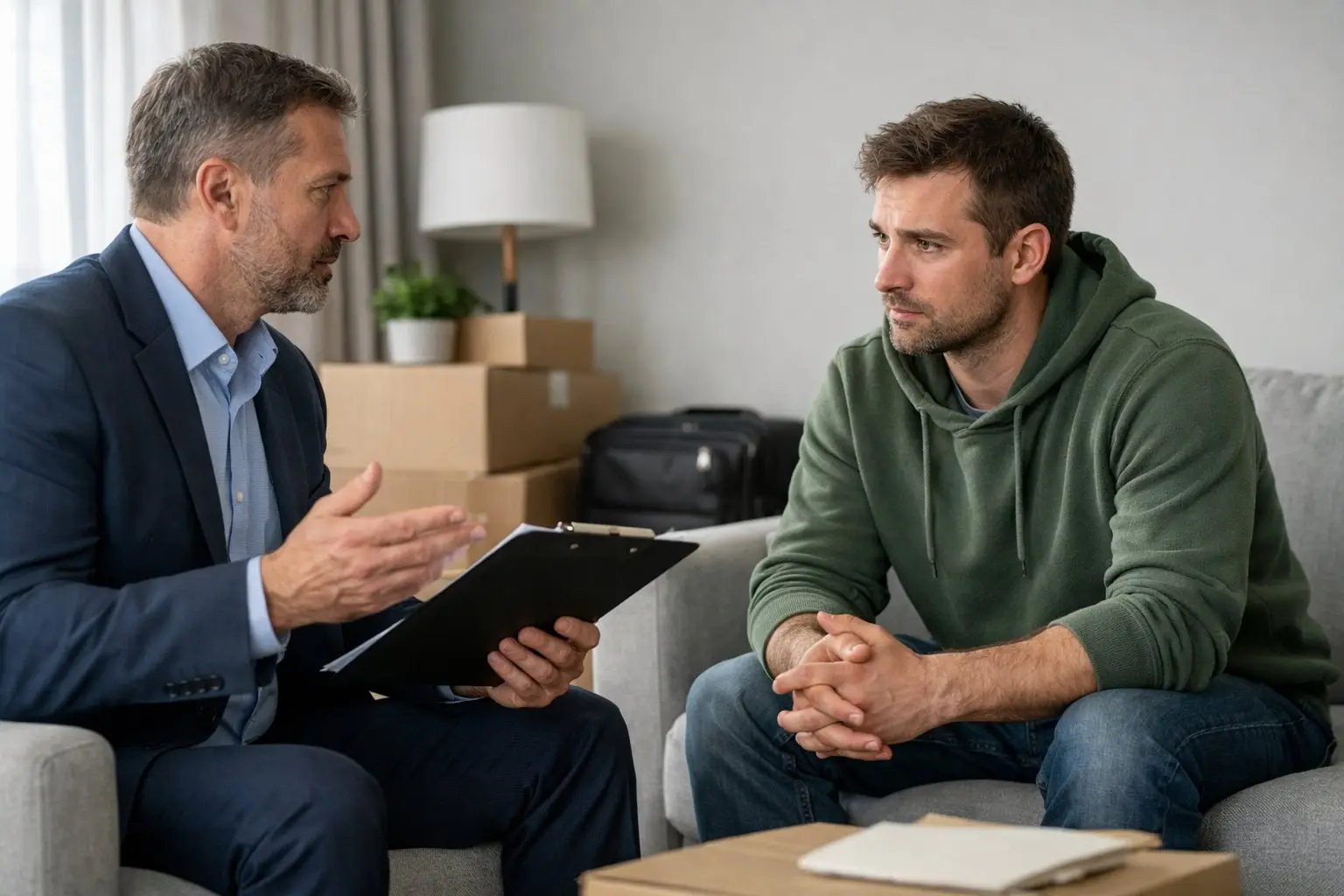 Een verhuurder en huurder praten serieus in een woonkamer met enkele verhuisdozen op de achtergrond.