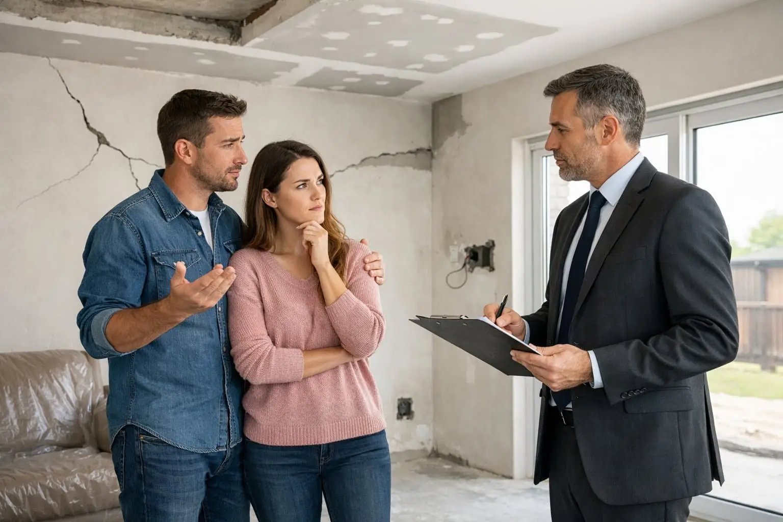 Gebreken aan een nieuwbouwwoning: wie is aansprakelijk en hoe stelt u uw rechten veilig? 1 Een bezorgd stel bespreekt bouwgebreken in hun nieuwe huis met een man in pak die aantekeningen maakt.