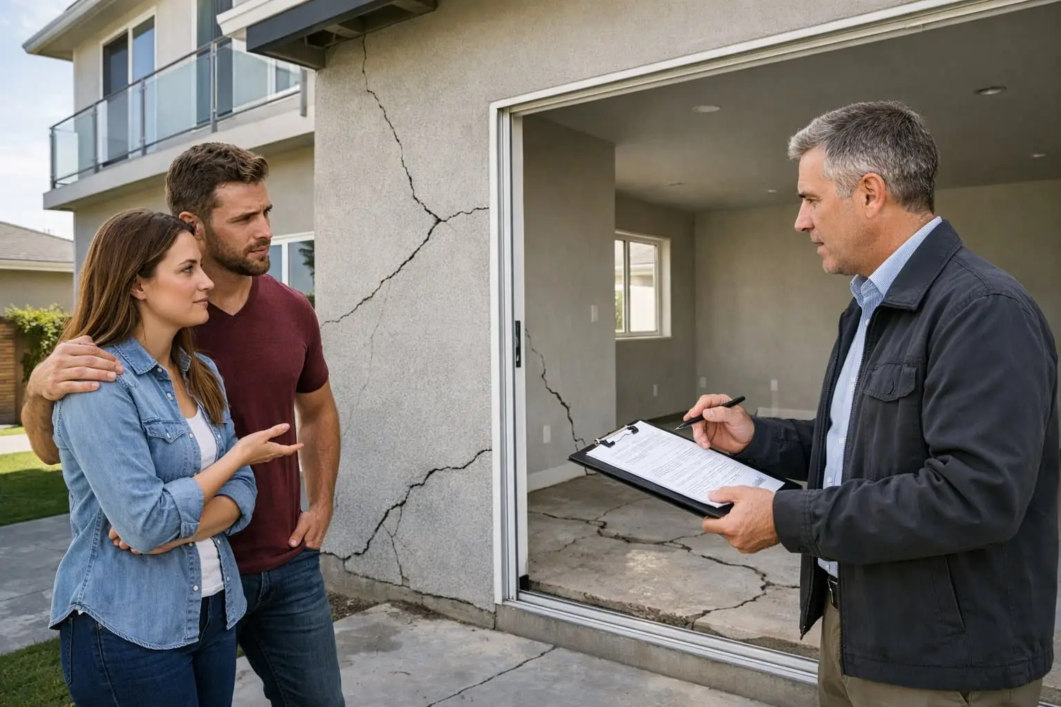 Gebreken aan een nieuwbouwwoning: wie is aansprakelijk en hoe stelt u uw rechten veilig? 2 Een stel bespreekt met een professional bouwgebreken in een nieuwbouwwoning.