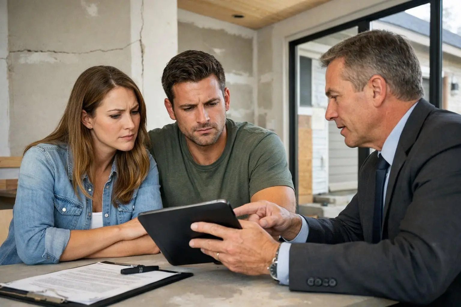Gebreken aan een nieuwbouwwoning: wie is aansprakelijk en hoe stelt u uw rechten veilig? 3 Een stel bespreekt met een professional de gebreken in hun nieuwbouwwoning.