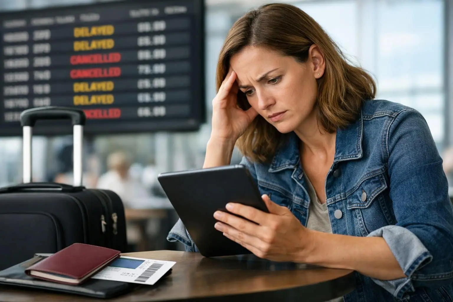 Een persoon bij een luchthaven kijkt bezorgd naar een smartphone met een koffer en reisdocumenten op tafel.
