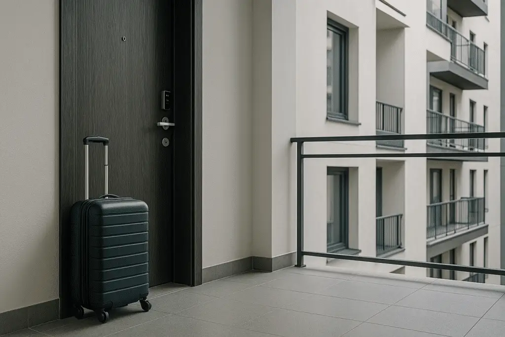 Koffer naast hotelkamerdeur op balkon