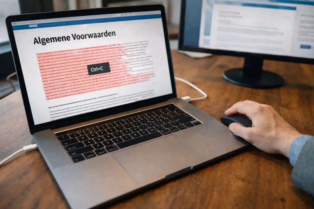 Bovenaanzicht laptop waarop algemene voorwaarden van website worden gekopieerd, waarschuwende visualisatie van juridische risico's bij kopiëren van internet