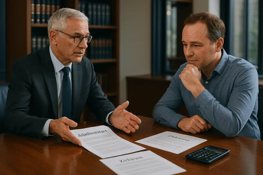 evolen voor SEO, max 125 tekens): Advocaat en werknemer bespreken ontslagvergoeding aan conferentietafel in modern advocatenkantoor