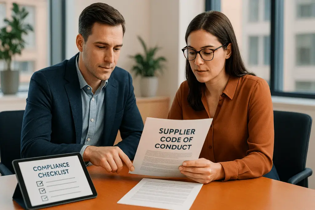 Twee zakelijke professionals bespreken een gedragscode voor leveranciers aan een vergadertafel - juridisch advies Law & More