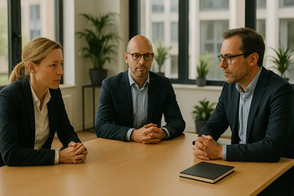 Drie mensen in een vergaderruimte.
