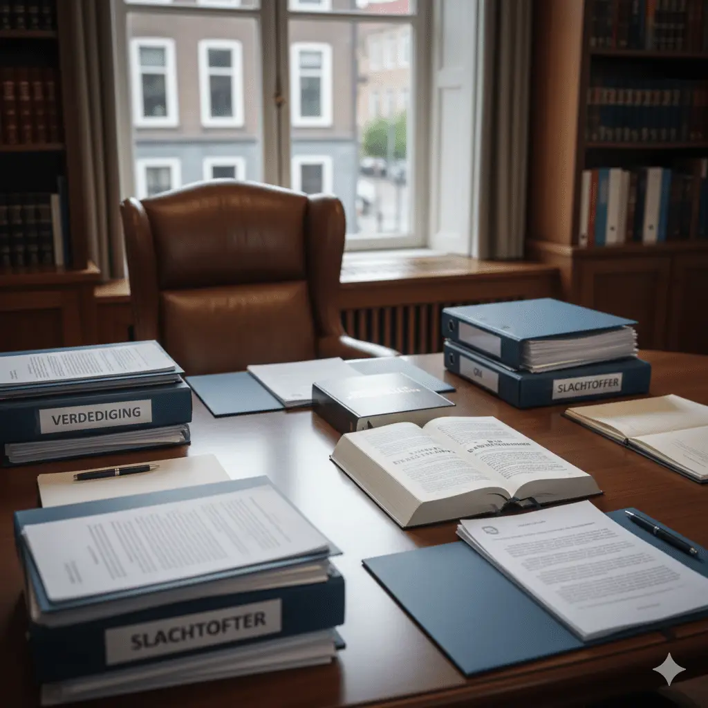Professioneel georganiseerd bureau met strafrechtelijke documenten betreffend vijf onderzoeksvragen, onderzoekswensen en deskundigenonderzoek in strafproces