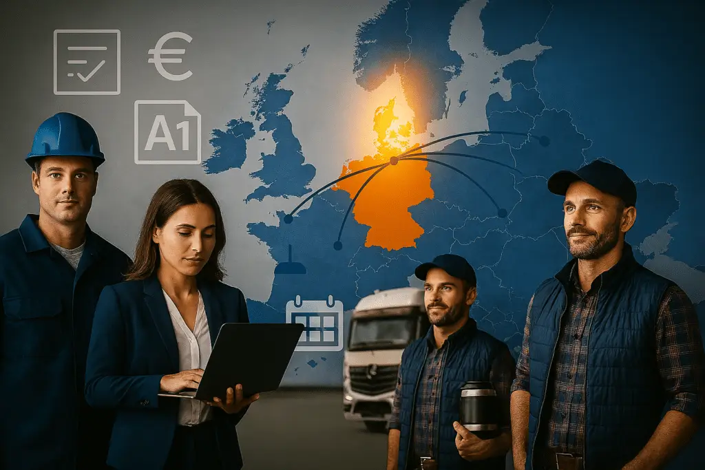 Werknemers met technologie en Europa.