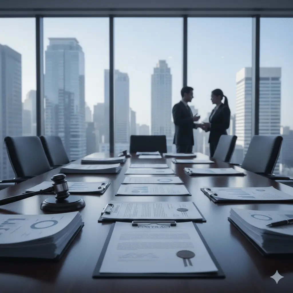 Juridische documenten en financiële rapporten op vergadertafel in advocatenkantoor met uitzicht op zakelijke skyline, representatief voor kartelschadeclaims en mededingingsrecht procedures