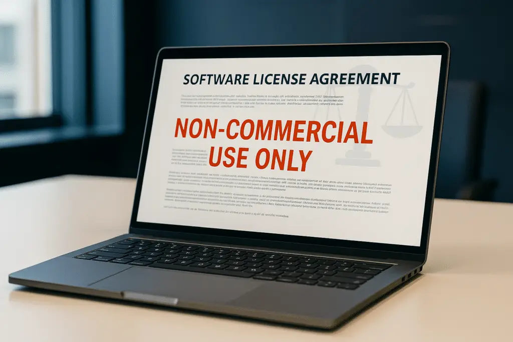 Laptop met non-commercial softwarelicentie waarschuwing - juridische gevolgen zakelijk gebruik