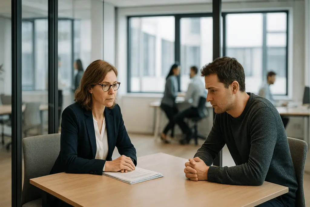 HR-manager voert formeel gesprek met werknemer in moderne kantooromgeving over arbeidsrechtelijke kwestie