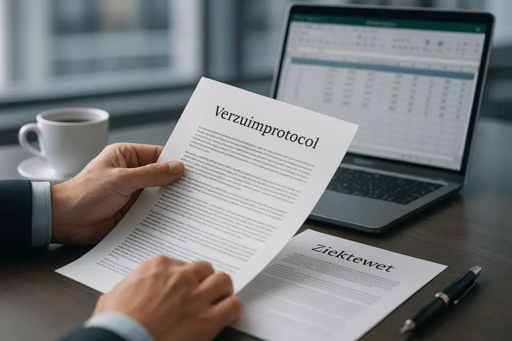 Professioneel kantoorbeeld met lege werkplek op voorgrond met computer die verzuimkalender toont, en op achtergrond een HR-manager in pak die zorgvuldig personeelsdossiers en ziekteverzuimdocumenten bestudeert in modern Nederlands bedrijfskantoor