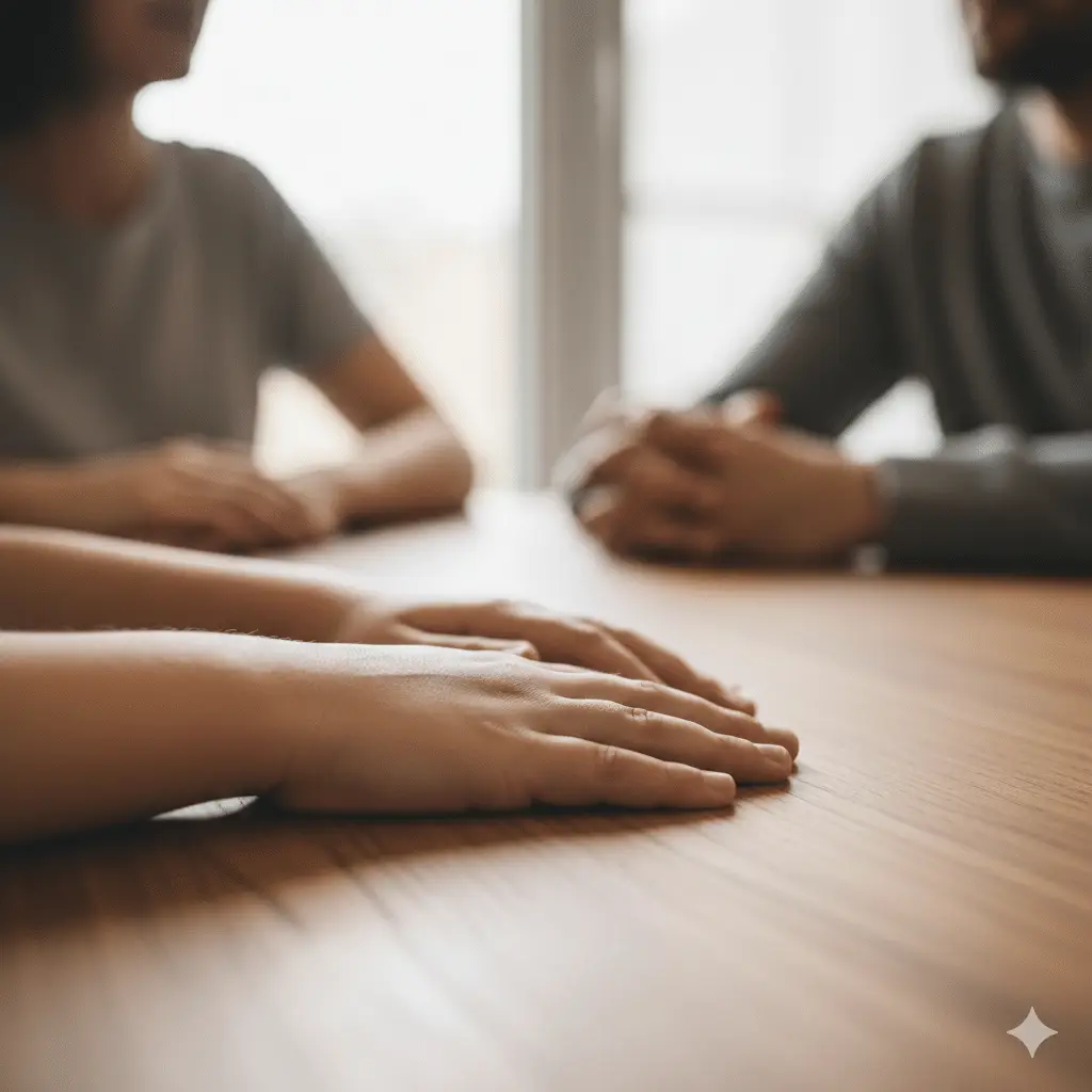 Kinderhanden op tafel tijdens gesprek over omgangsregeling met ouders en rechter