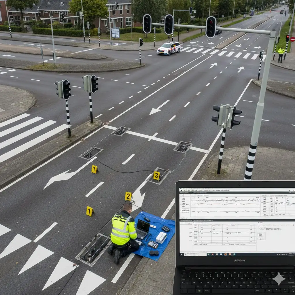 Forensisch verkeersonderzoeker analyseert inductielussen in Nederlands wegdek bij kruispunt voor verkeersstrafzaak, luchtfoto toont ingebedde detectiesystemen