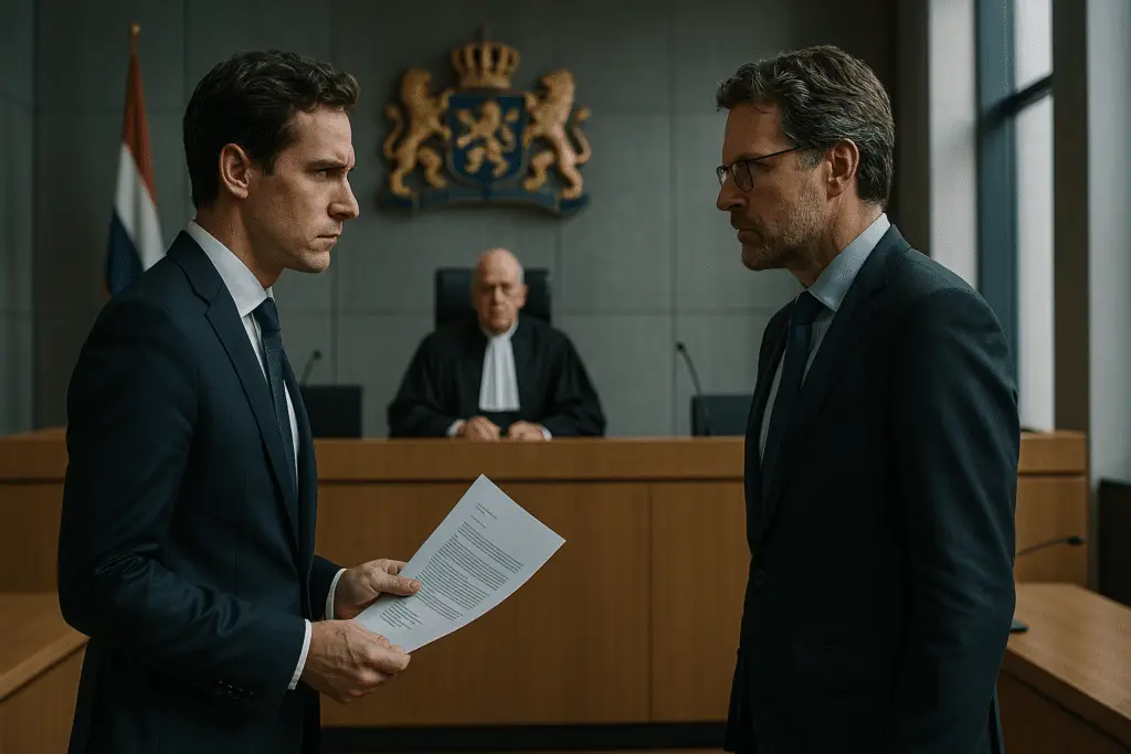Twee mannen in rechtszaal gesprek