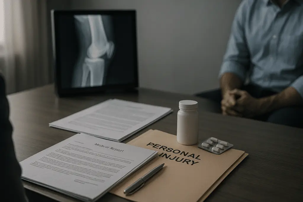 Medische documentatie en juridische dossiers op bureau in context van zware mishandeling en zwaar lichamelijk letsel