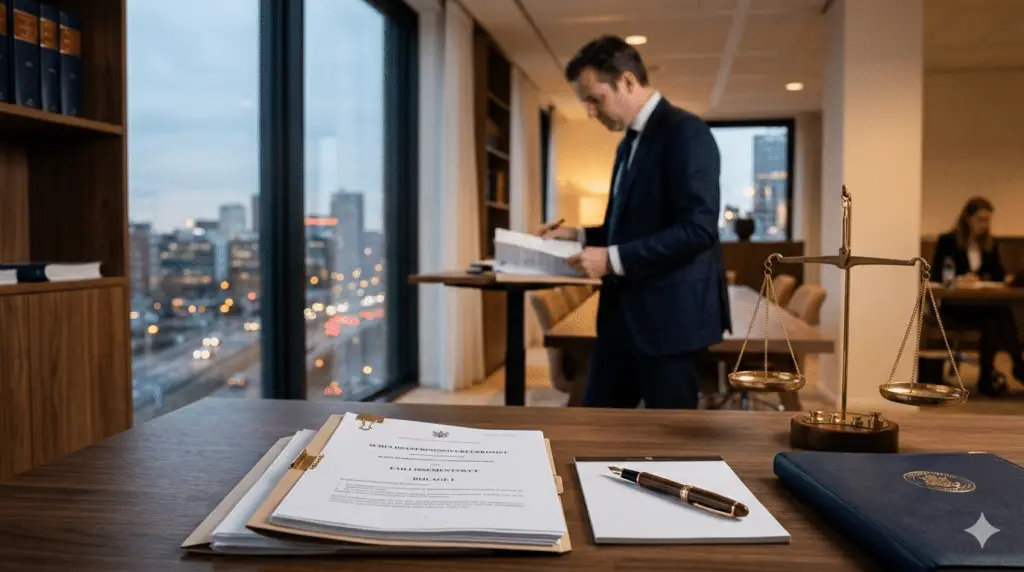 Advocaat bestudeert juridische documenten op kantoor — symbolisch voor schuldeisersrechten na WSNP