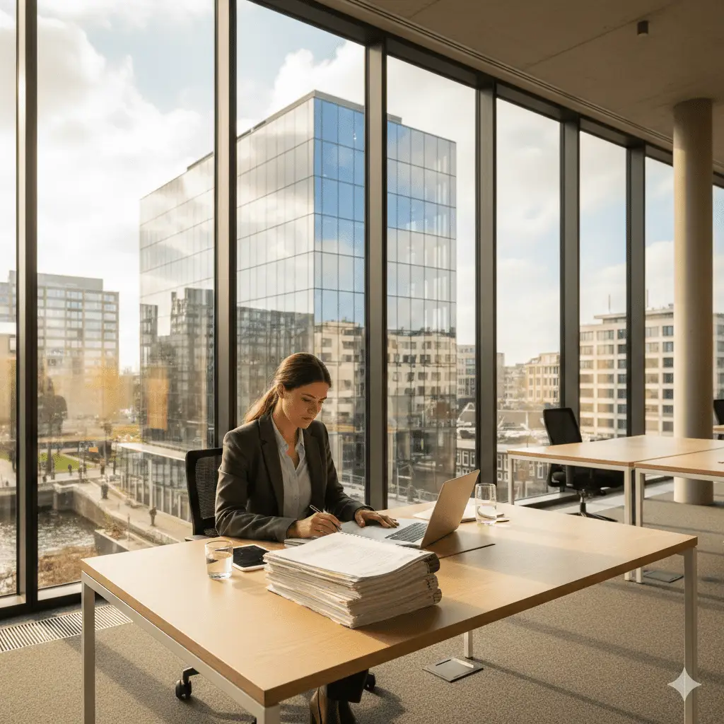 Ondernemer bekijkt juridische documenten aan een modern bureau bij het raam, met uitzicht op een zakelijke omgeving — symbolisch voor het oprichten van een BV in Nederland.