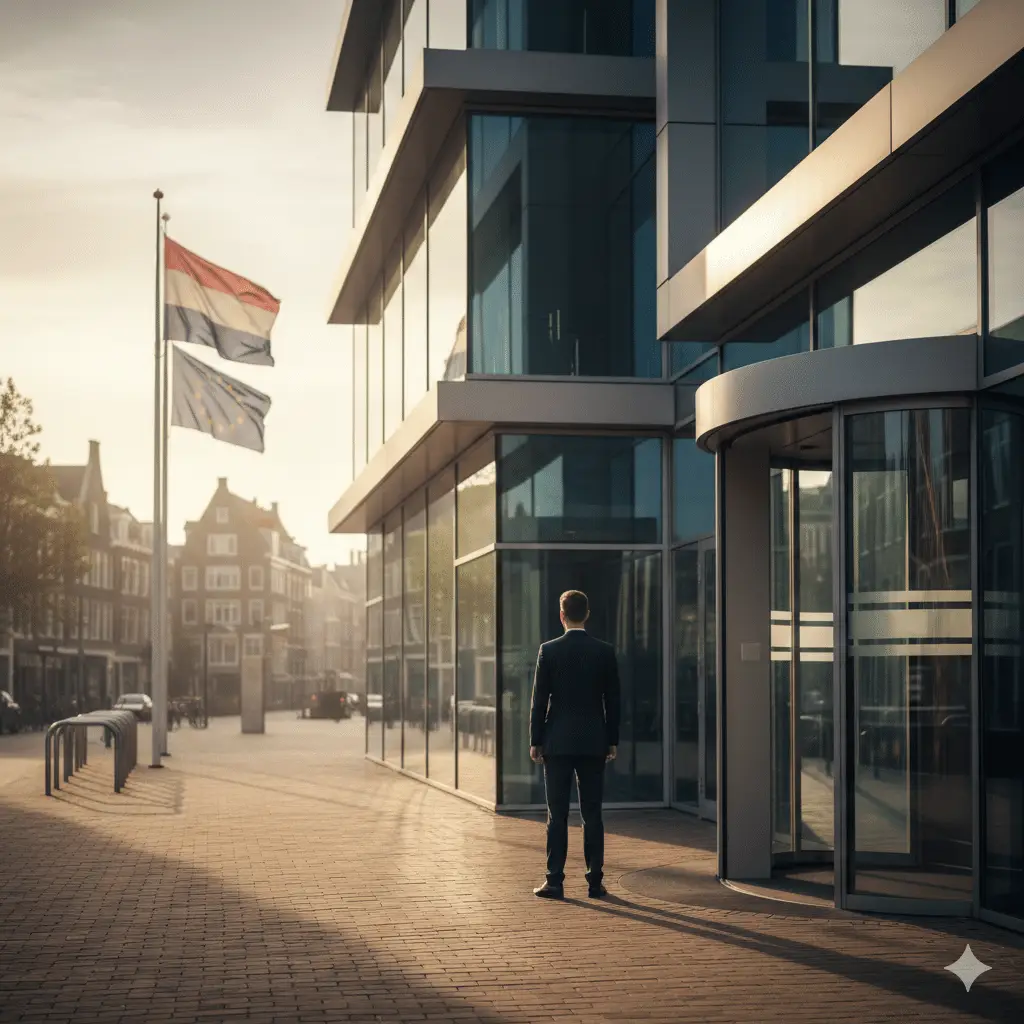 Een professional staat voor een modern glazen kantoorgebouw in Nederland, symbool voor juridische zekerheid en verblijfsrecht tijdens een bezwaarprocedure.