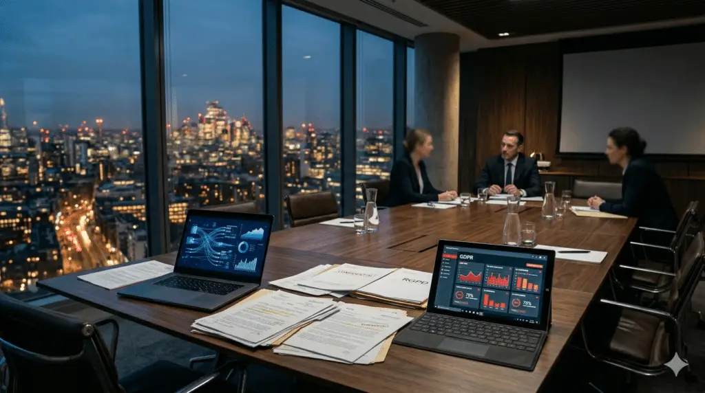 Zakelijke vergaderzaal met laptop, juridische documenten en een AVG-compliance dashboard met waarschuwingsindicatoren — illustratie bij juridische risico's van datadeling onder de AVG