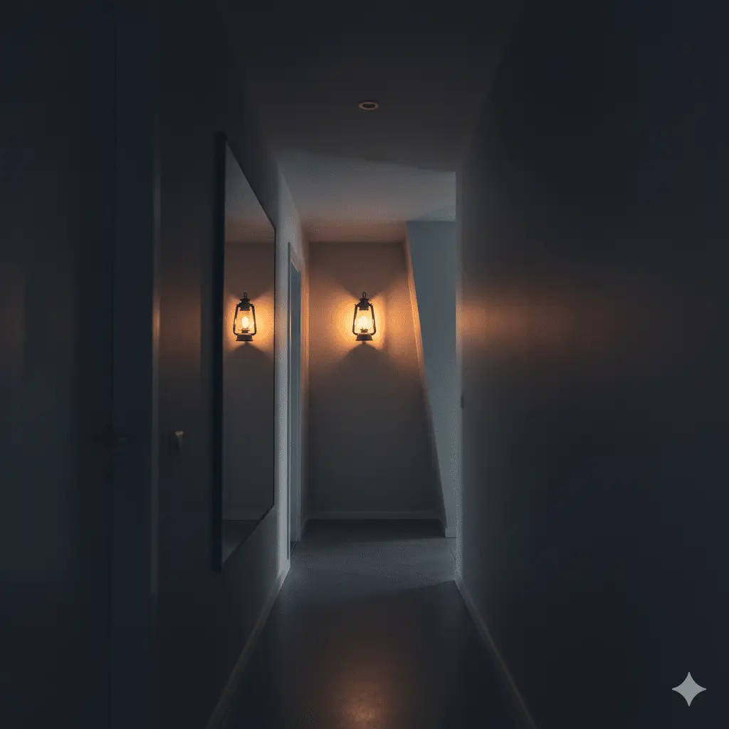 Een schemering verlichte gang met een flikkerende gaslamp aan de muur, waarvan de schaduwen de werkelijkheid vervormen — symbool voor gaslighting als vorm van psychisch huiselijk geweld.