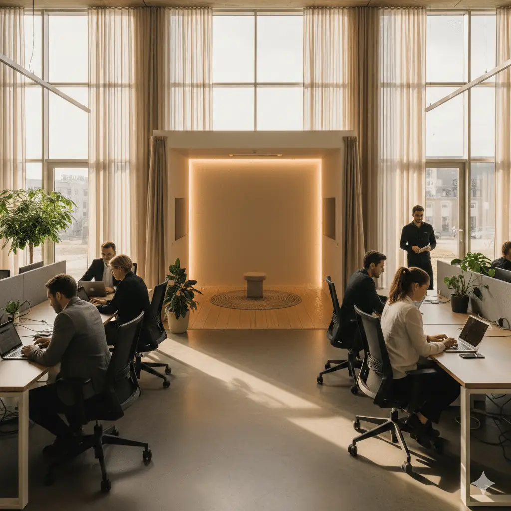 Moderne kantooromgeving met een lichte, rustige gebedsruimte op de achtergrond, als illustratie van godsdienstvrijheid op de werkvloer.