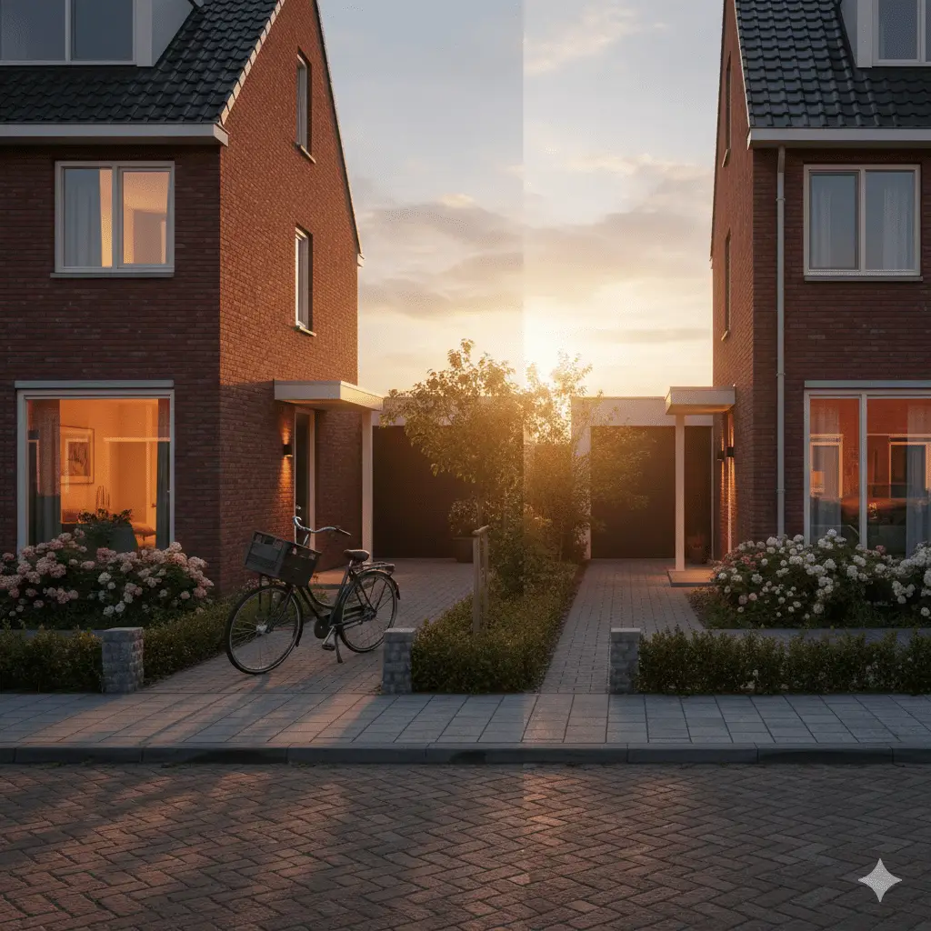 Moderne Nederlandse woonwijk met twee vrijstaande huizen naast elkaar, symboliserend de verdeling van vermogen bij echtscheiding
