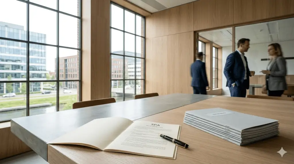 Modern Nederlands notariskantoor met contractdocumenten en due diligence mappen op een vergadertafel, met natuurlijk daglicht door grote ramen — illustratie bij een juridische gids over warranties, vrijwaringen en escrow bij bedrijfsovernames