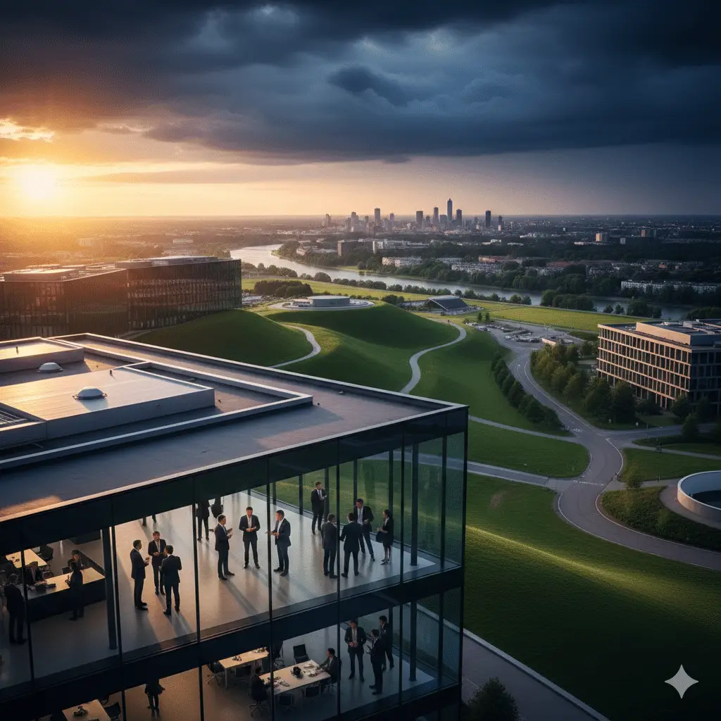 Luchtfoto van een modern tech campus bij gouden uur, met glazen kantoorgebouwen omgeven door groene heuvels en een stadssilhouet op de achtergrond — symbolisch voor het snijvlak van technologie en juridisch risico.