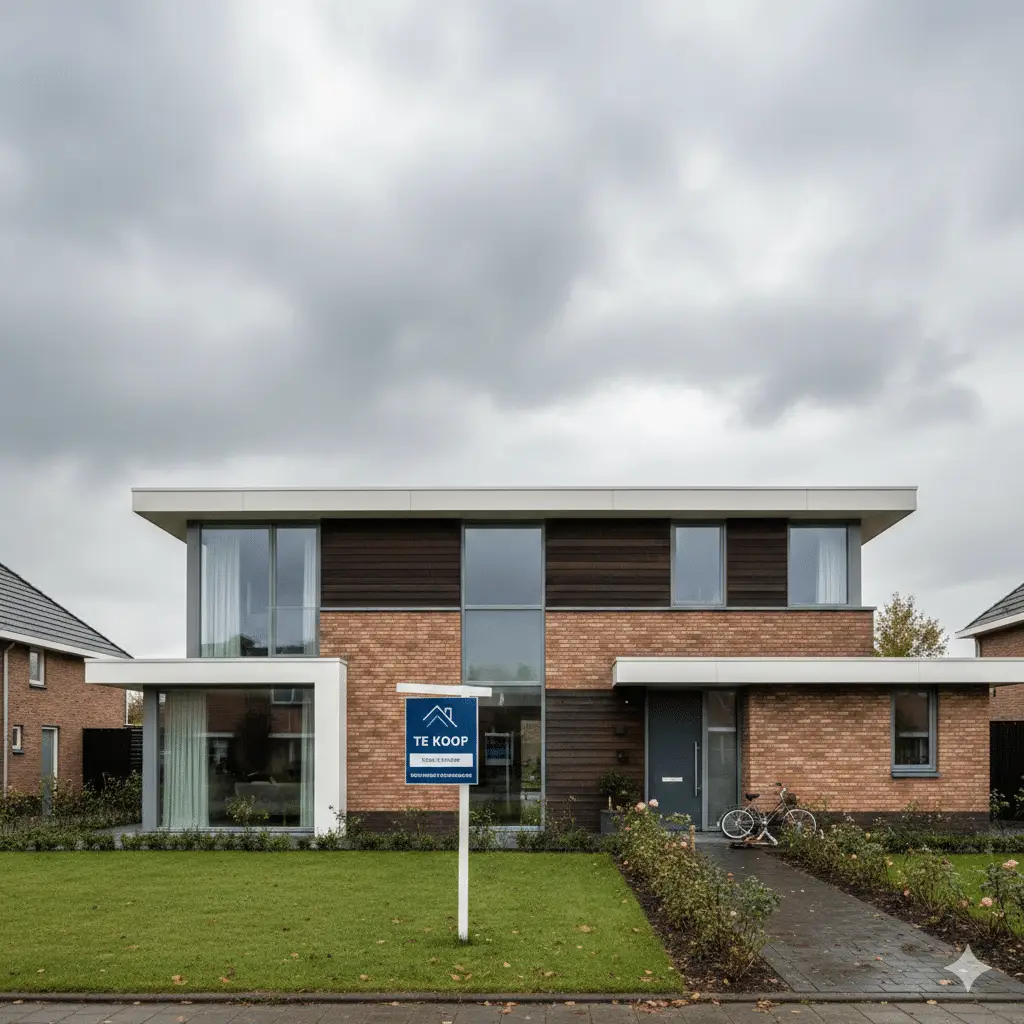 Moderne Nederlandse gezinswoning met een Te Koop bord in de voortuin, onder een bewolkte grijze lucht – illustratie bij een blog over echtscheiding en de verdeling van de eigen woning