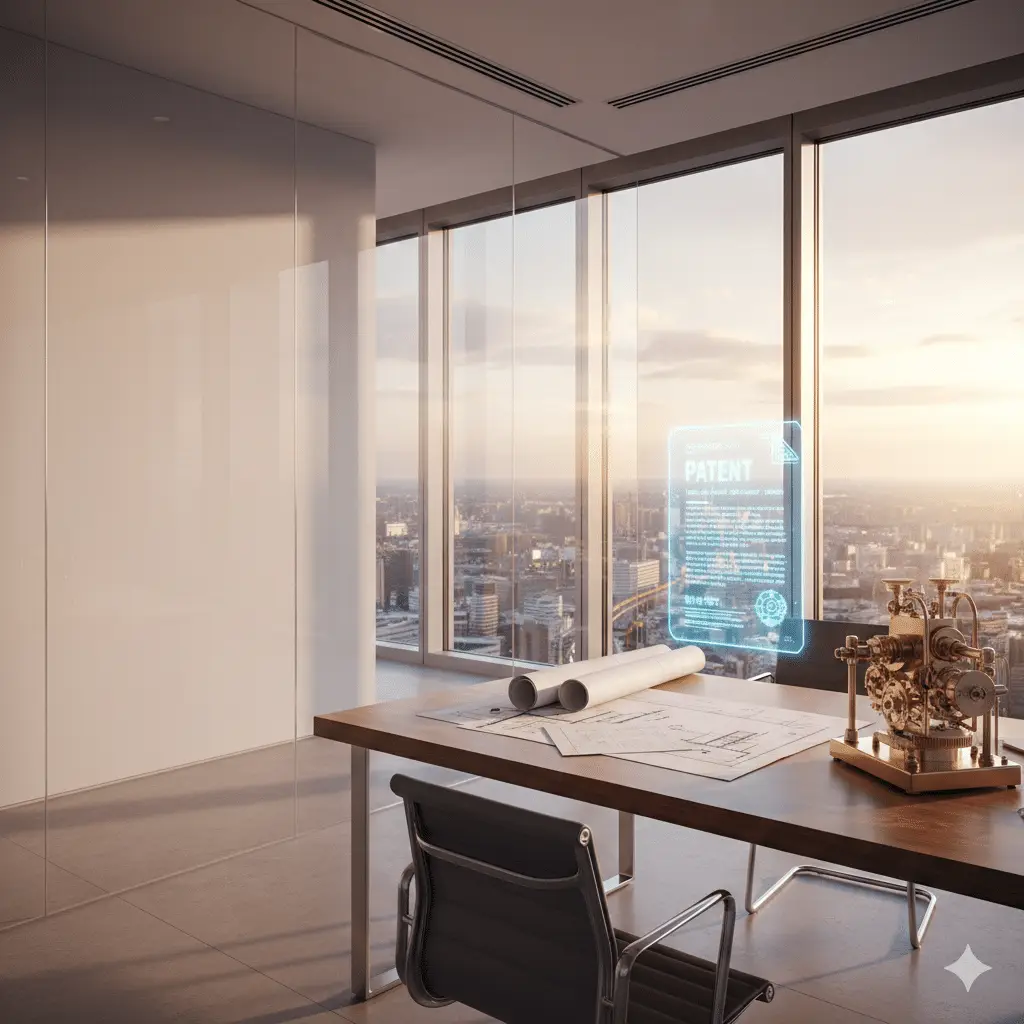 Modern kantoor bij zonsondergang met technische tekeningen, een octrooischrift en een messing prototype op een strak bureau, met uitzicht op een stadsskyline