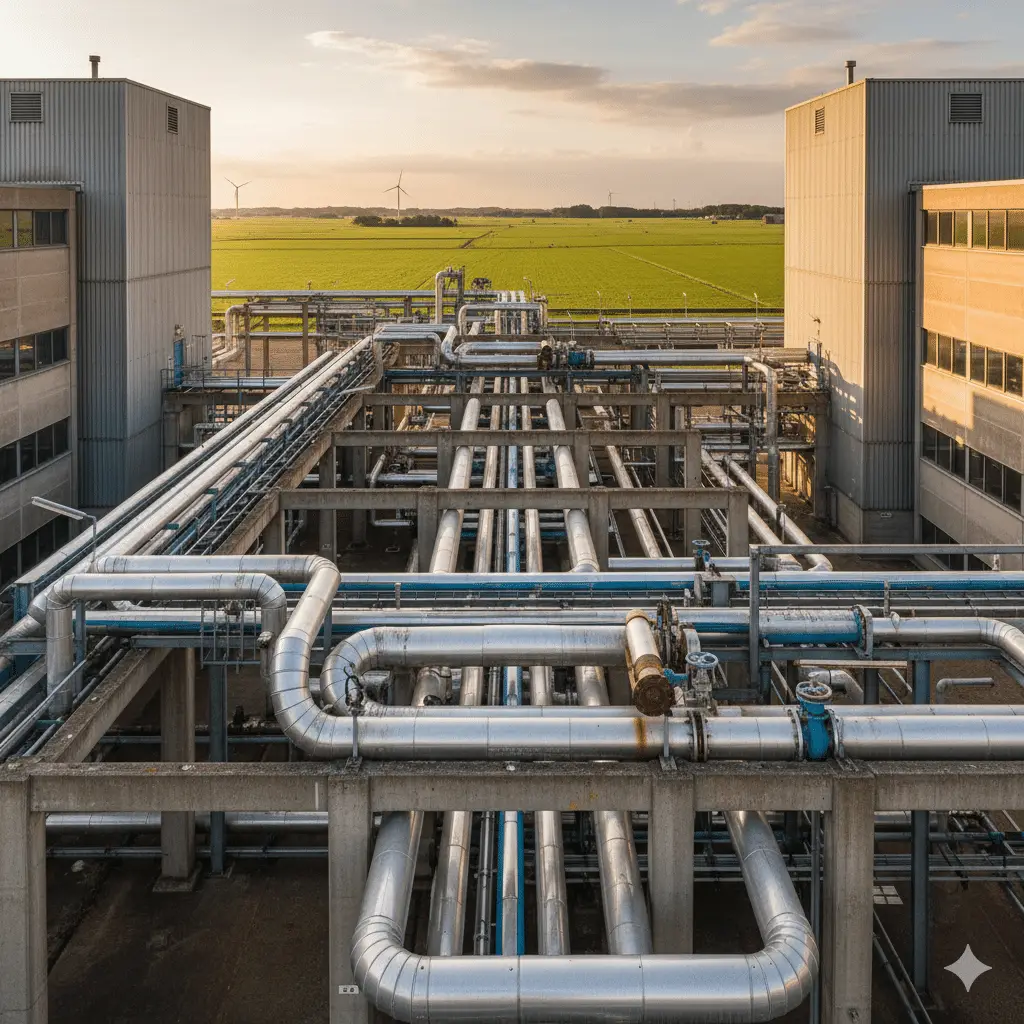 Landschapsbeeld van een industrieel stoomleidingnetwerk op een grootschalig chemisch productieterrein in Nederland, gefotografeerd tijdens het gouden uur. Geïsoleerde stalen leidingen lopen door een betonnen leidingkanaal tussen industriële gebouwen, met zichtbare flenzen, afsluiters en expansielussen.