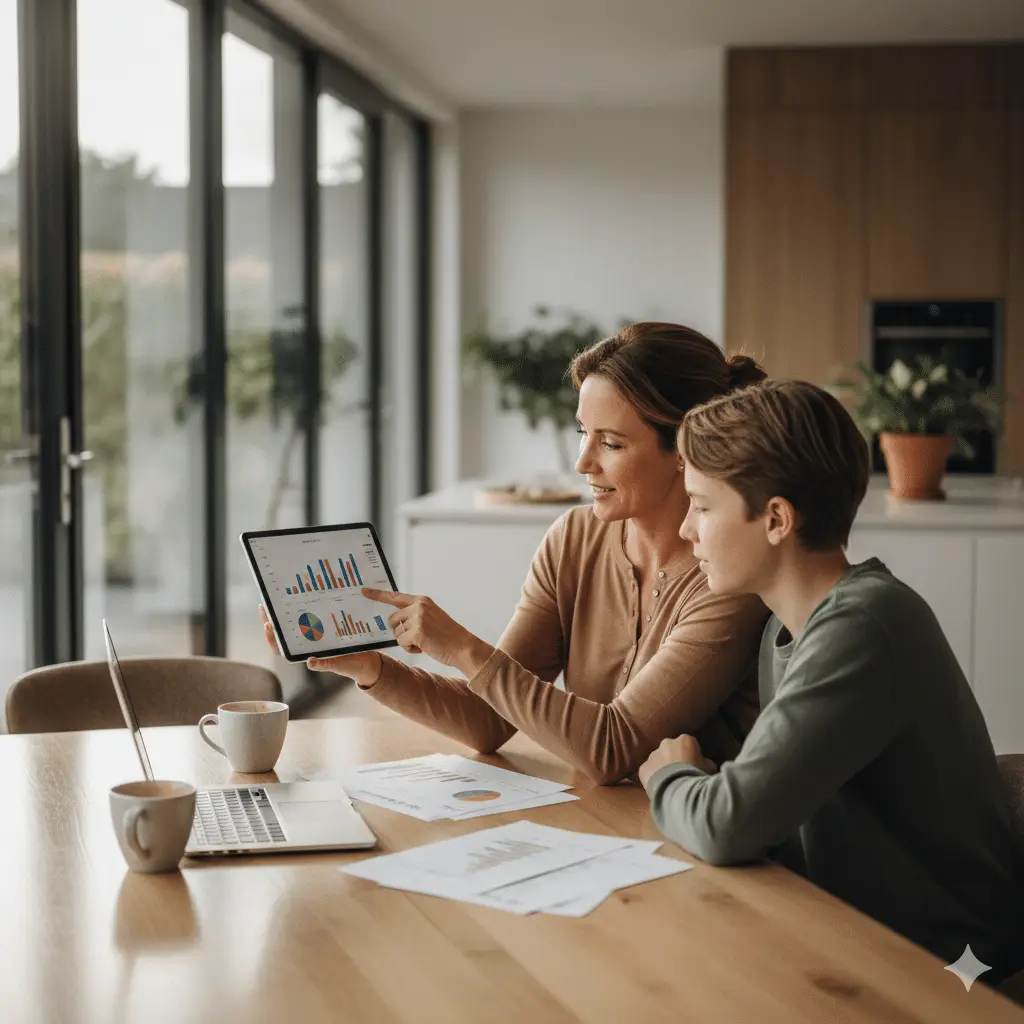 Ouder en tiener in gesprek over contracten en financiële verantwoordelijkheid aan keukentafel