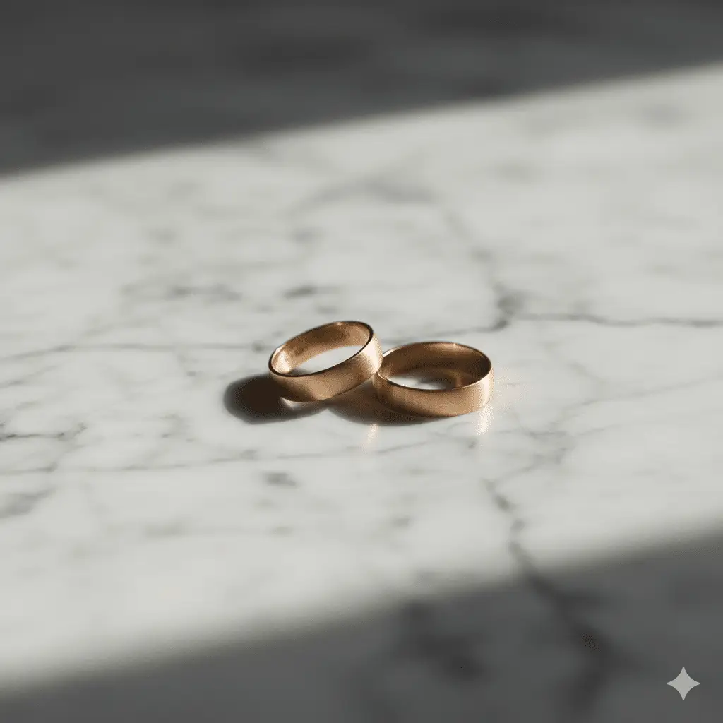 Twee trouwringen die uit elkaar liggen op een marmeren ondergrond, symbool voor een moeizame scheiding waarbij vermogensverdeling en manipulatief gedrag een rol spelen.