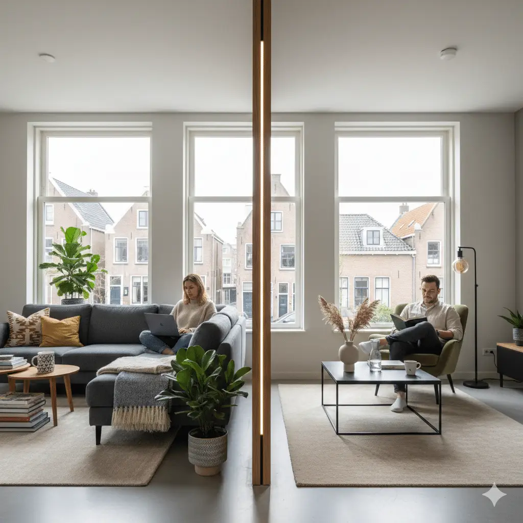 Fotorealistische weergave van een hedendaagse Nederlandse woonkamer die visueel verdeeld is in twee aparte leefzones, symboliserend ex-partners die na scheiding noodgedwongen samenwonen in één woning - een illustratie van het concept woonscheiding door woningmarktschaarste