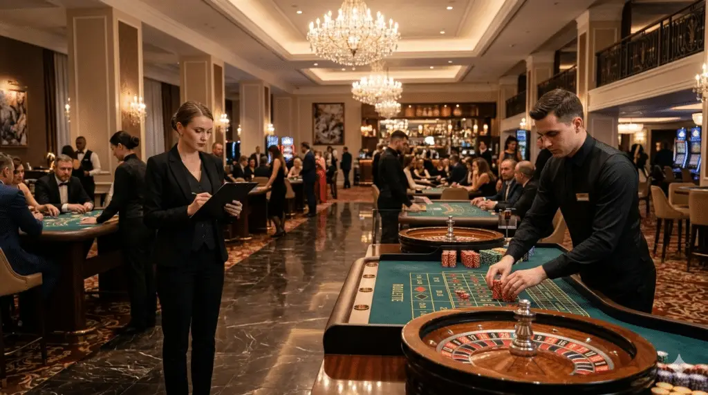 Casinomedewerkers in formeel uniform aan de speeltafels op een verlichte casinovloer — illustratie bij het artikel over proeftijdontslag in de casinosector.
