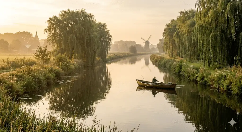 Een Nederlandse gracht in het gouden uur met een roeibootje tussen twee oevers, weerspiegeld in het stille water onder treurwilgen