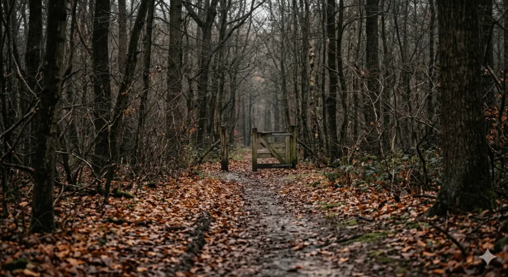 Een smal pad door een kaal herfstbos met gevallen bladeren, zacht grijs licht en een half open houten hek aan het einde