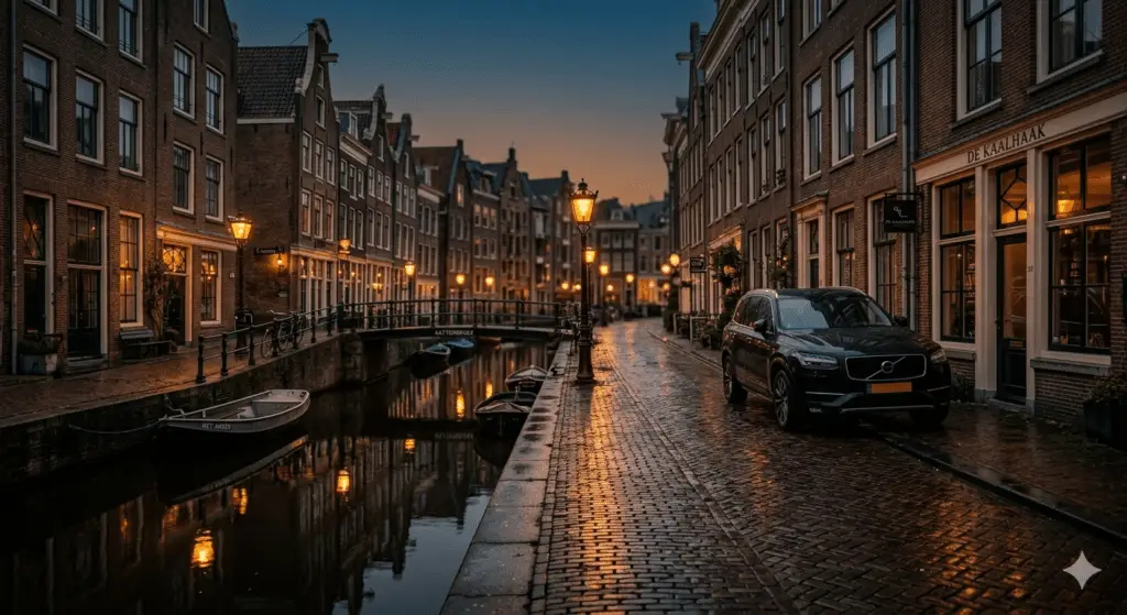Schemering boven een smalle Hollandse gracht met verlichte pakhuizen, natte kinderkopjes en een geparkeerde zwarte SUV