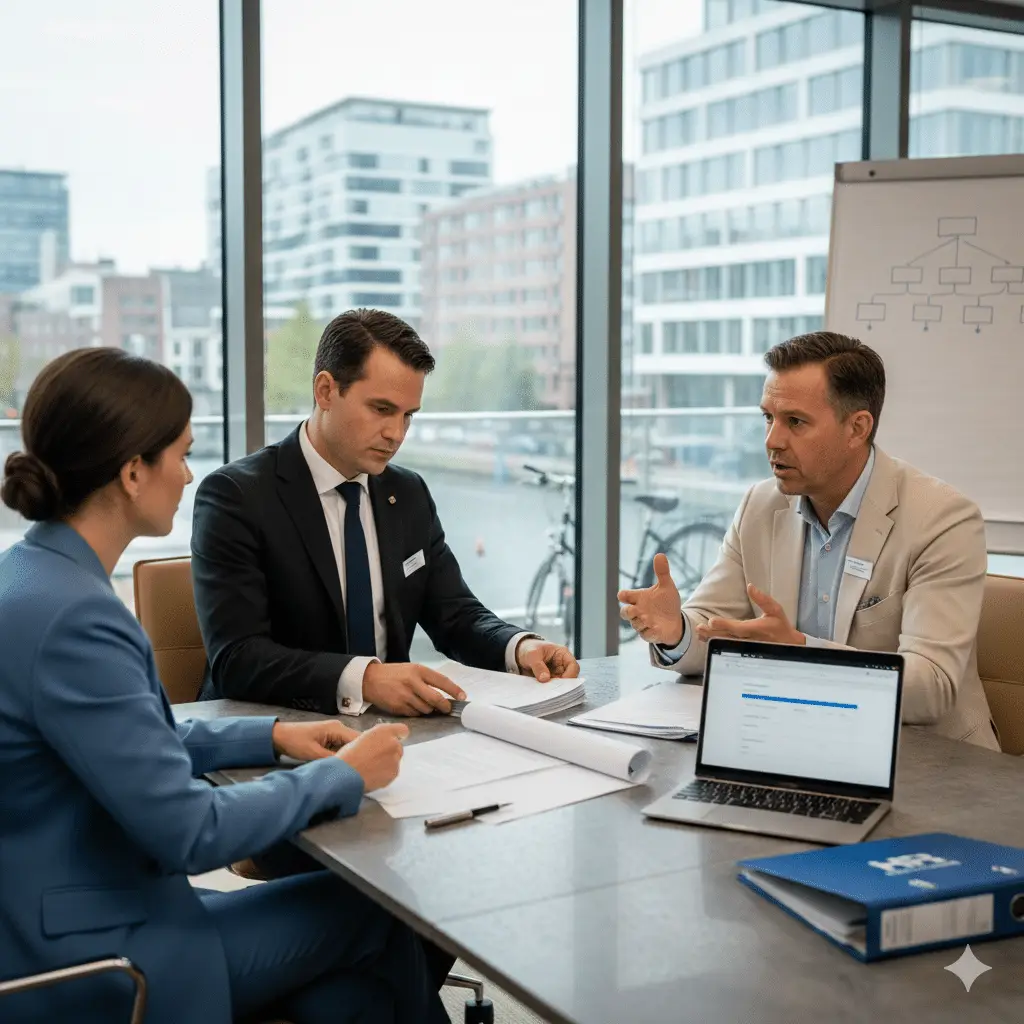 Zakelijke vergadering waarbij een advocaat en twee cliënten een arbeidscontract bespreken in een modern Nederlands kantoor, passend bij advies over de Wet toelating terbeschikkingstelling van arbeidskrachten.