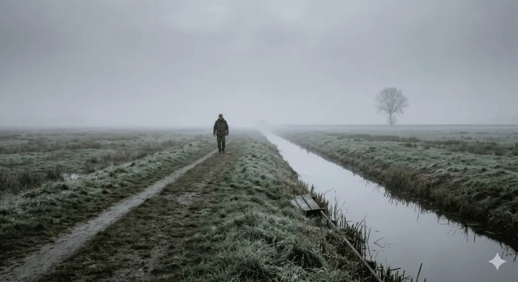 Een vroeg mistige ochtend in een Nederlandse polder met een eenzame wandelaar langs een recht kanaalpad en een kale boom aan de horizon