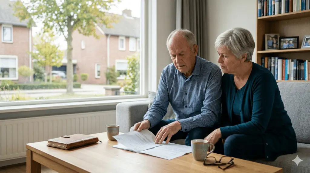 een ouder Nederlands echtpaar dat samen op een bank in hun moderne woonkamer zit en een juridisch document bestudeert. De man en vrouw kijken allebei met een bezorgde blik naar het document op de salontafel voor hen. Op de tafel liggen ook twee mokken, een notitieboekje en een bril. Door het grote raam op de achtergrond zijn typische Nederlandse huizen en bomen te zien.
