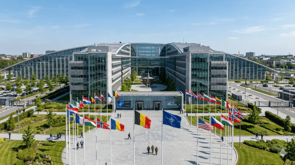 NAVO-hoofdkwartier in Brussel op een zonnige dag. Op de voorgrond wapperen de vlaggen van de lidstaten en de NAVO-vlag op een groot plein. Op de achtergrond is het moderne, glazen gebouw met zijn karakteristieke architectuur te zien, terwijl enkele afgevaardigden over het terrein lopen