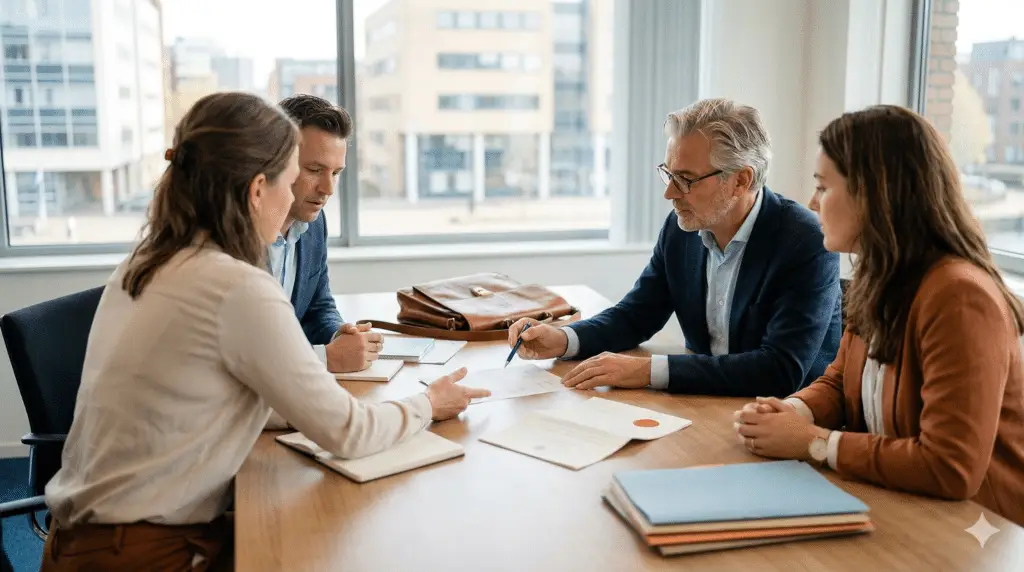 Een professioneel overleg in een licht, modern kantoor waarbij vier mensen rond een houten tafel zitten. Een oudere man in een blauw jasje wijst met een pen op een officieel document, terwijl een jongere vrouw tegenover hem aandachtig luistert en gebaart. De setting suggereert een juridische onderhandeling of het bespreken van een vaststellingsovereenkomst, met dossiers en een aktetas op tafel en een stedelijke achtergrond door het raam.