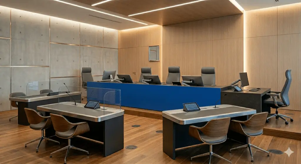 Rechtszaal. Centraal staat een grote rechtafel met een strakke, egaal blauwe voorkant zonder logo's of tekst. Op de achtergrond is een muur van lichtgrijs beton met gouden accenten en een wand van warm hout met indirecte LED-verlichting. De ruimte is ingericht met minimalistische bureaus voorzien van ingebouwde schermen en microfoons, en luxe bureaustoelen