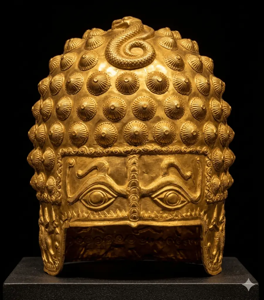 Een archeologische studiofoto van de gouden helm van Coțofenești tegen een zwarte achtergrond. De helm van gedreven goud uit de 4e eeuw v.Chr. heeft een opvallend gezichtsmasker met twee grote, gestileerde ogen en een centrale neusbeschermer. De bovenkant is bedekt met een patroon van kleine, puntige kegelvormige reliëfs, en de zijkanten zijn versierd met gedetailleerde reliëfs van dieren en spiralen. De helm rust op een strakke, donkere museumstandaard onder warme, dramatische verlichting.